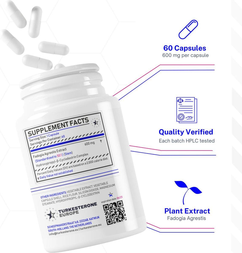 Fadogia Agrestis+™ 50:1 Complex met Hydroxypropyl-β-Cyclodextrine - 60 Capsules (600mg)- Turkesterone Europe